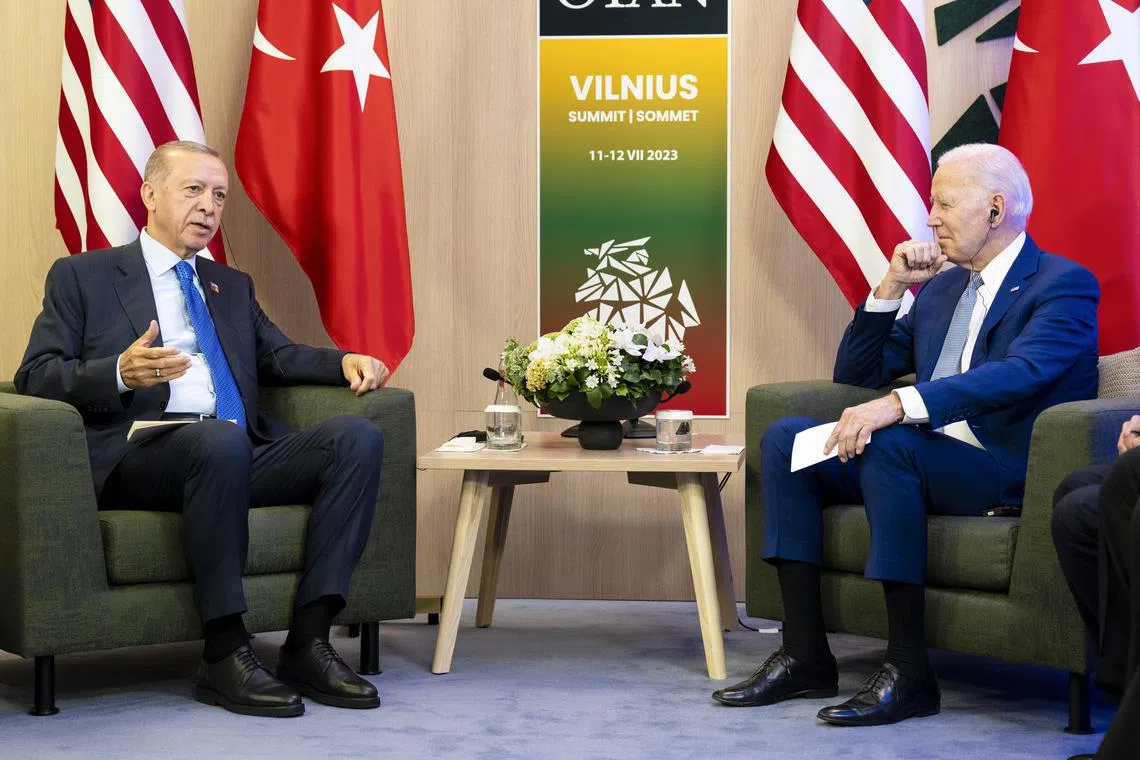 Turkish President Recep Tayyip Erdogan (left) and US President Joe Biden at the Nato summit in Vilnius, Lithuania.