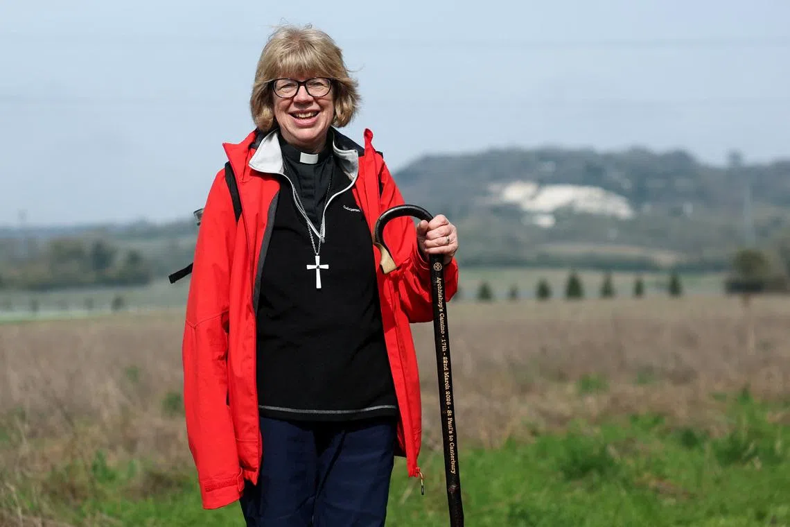 Archbishop of Canterbury Sarah Mullally poses for a portrait during an 87-mile pilgrimage from St Paul's Cathedral to Canterbury Cathedral, ahead of her installation ceremony as Archbishop of Canterbury on March 25, in Aylesford, Britain, March 20, 2026. REUTERS/Toby Melville