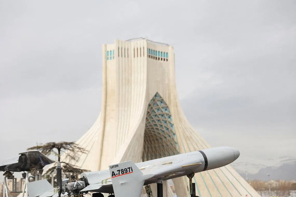 A Shahed drone on display during the 47th anniversary of the Islamic Revolution in Tehran, on Feb 11, 2026.