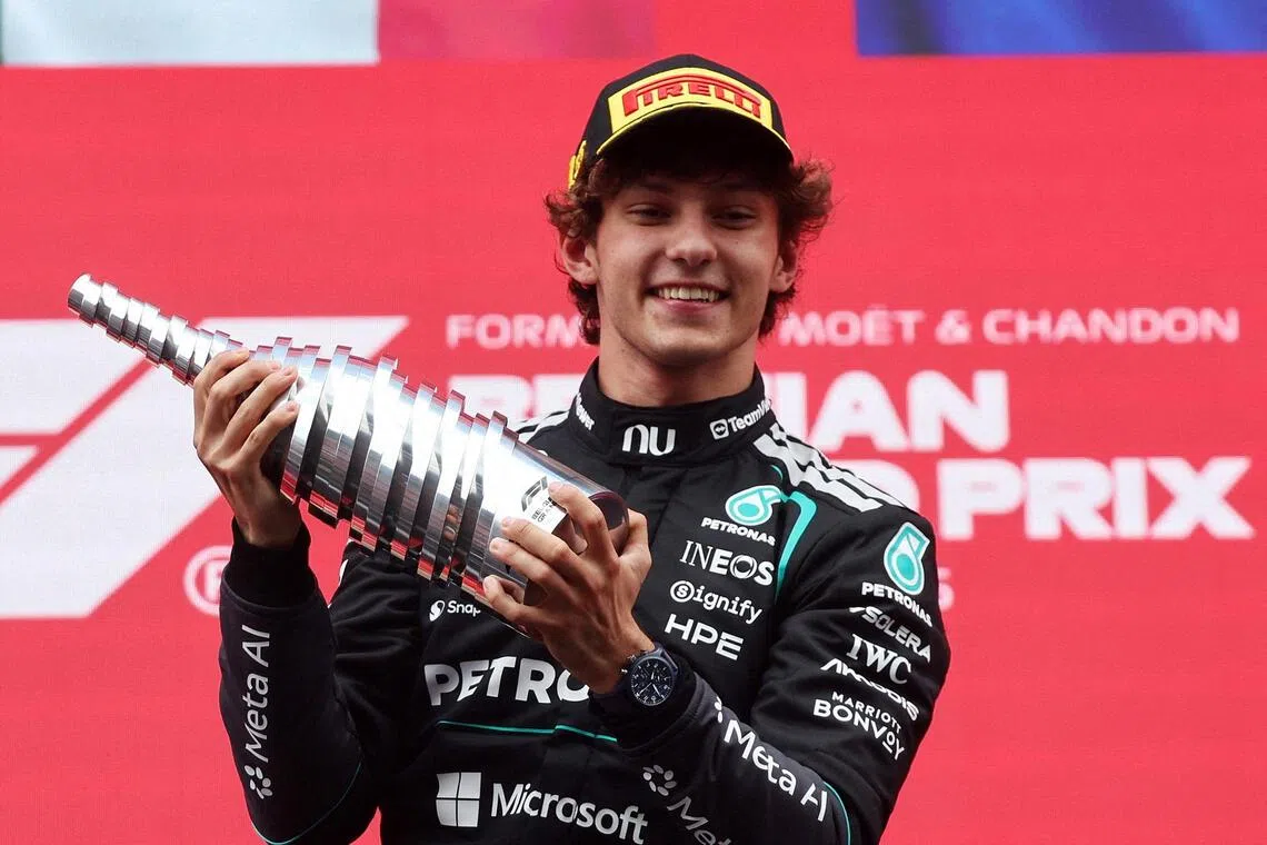 Mercedes’ Kimi Antonelli celebrates after winning the Belgian Grand Prix on July 19.
