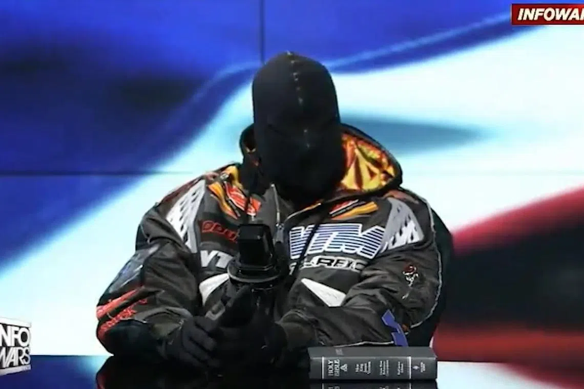 West – now known as Ye – wore a black mask completely covering his face, as he ranted about sin, pornography and the devil.