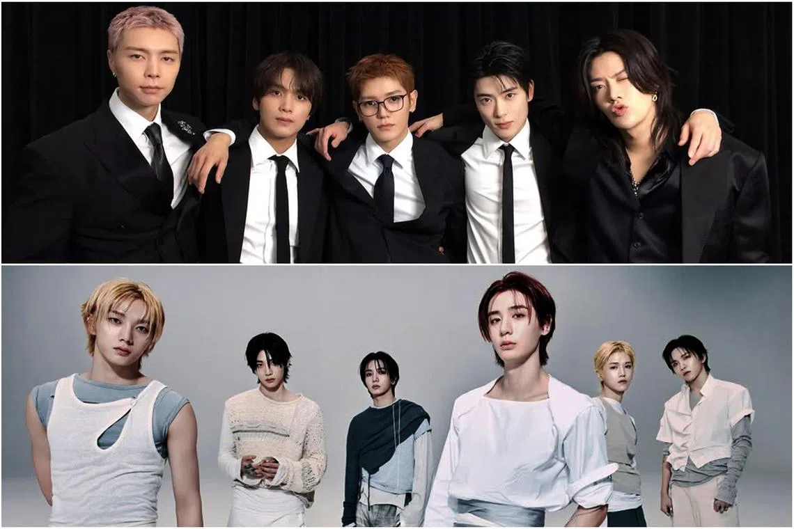 The five active members of South Korean boy band NCT 127 are (from top left) Johnny, Haechan, Taeyong, Jaehyun and Yuta. South Korean sextet boy band BoyNextDoor consists of (from bottom left) Sungho, Taesan, Jaehyun, Leehan, Riwoo and Woonhak.