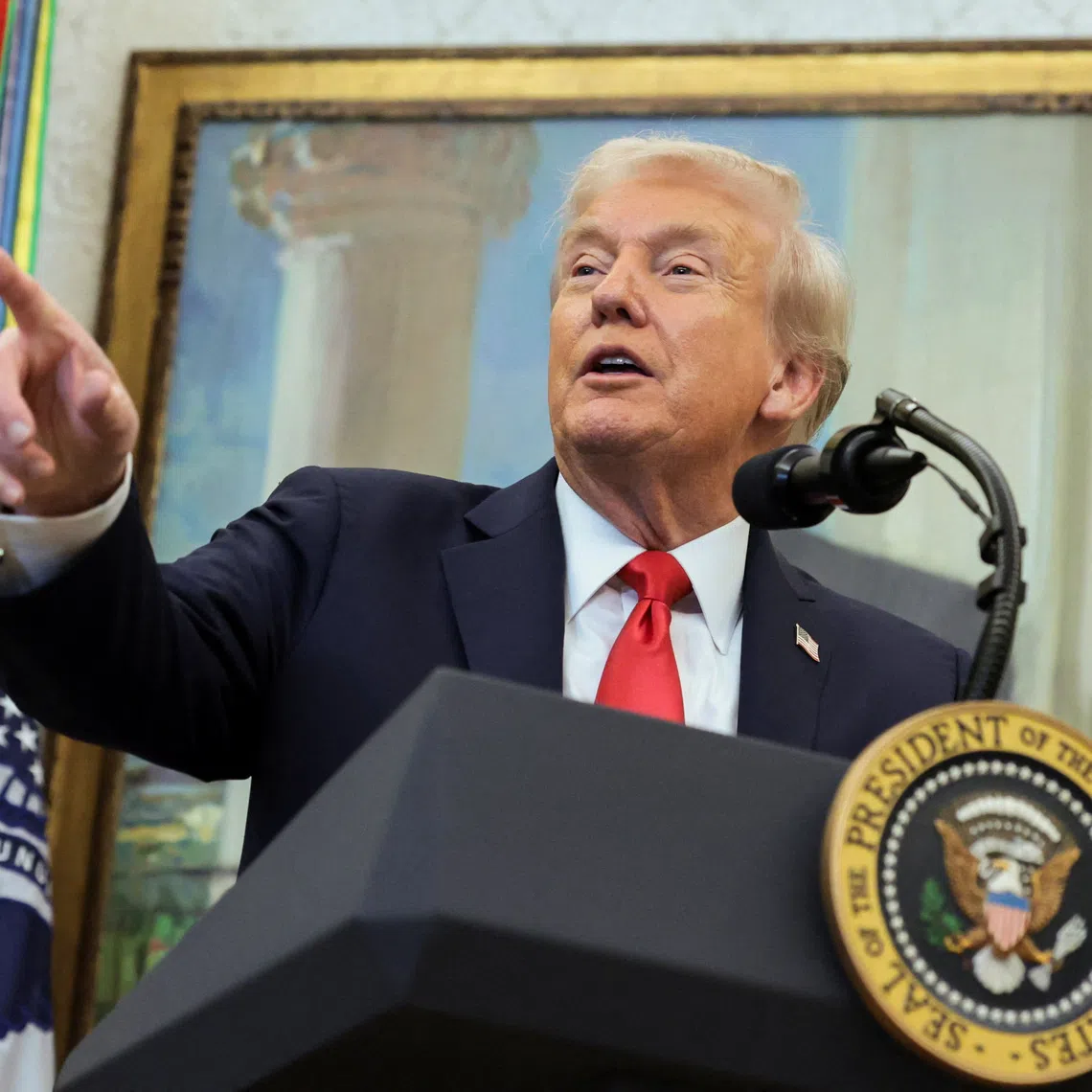 U.S. President Donald Trump speaks during an event to make announcements on fertility treatment coverage, in the Oval Office at the White House in Washington, D.C., U.S., October 16, 2025. REUTERS/Jonathan Ernst