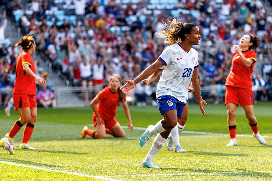 United States forward Catarina Macario wheeling away in celebration after opening the scoring in a comfortable 3-0 friendly victory over China in a friendly at Allianz Field in Saint Paul, Minnesota, on May 31.