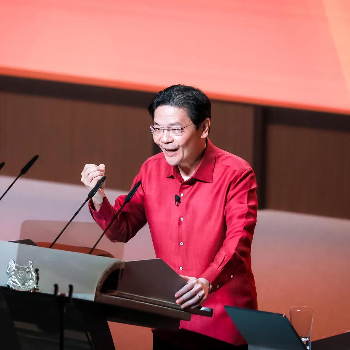 Prime Minister Lawrence Wong speaking at his maiden National Day Rally held at the Institute of Technical Education College Central on Aug 18, 2024.