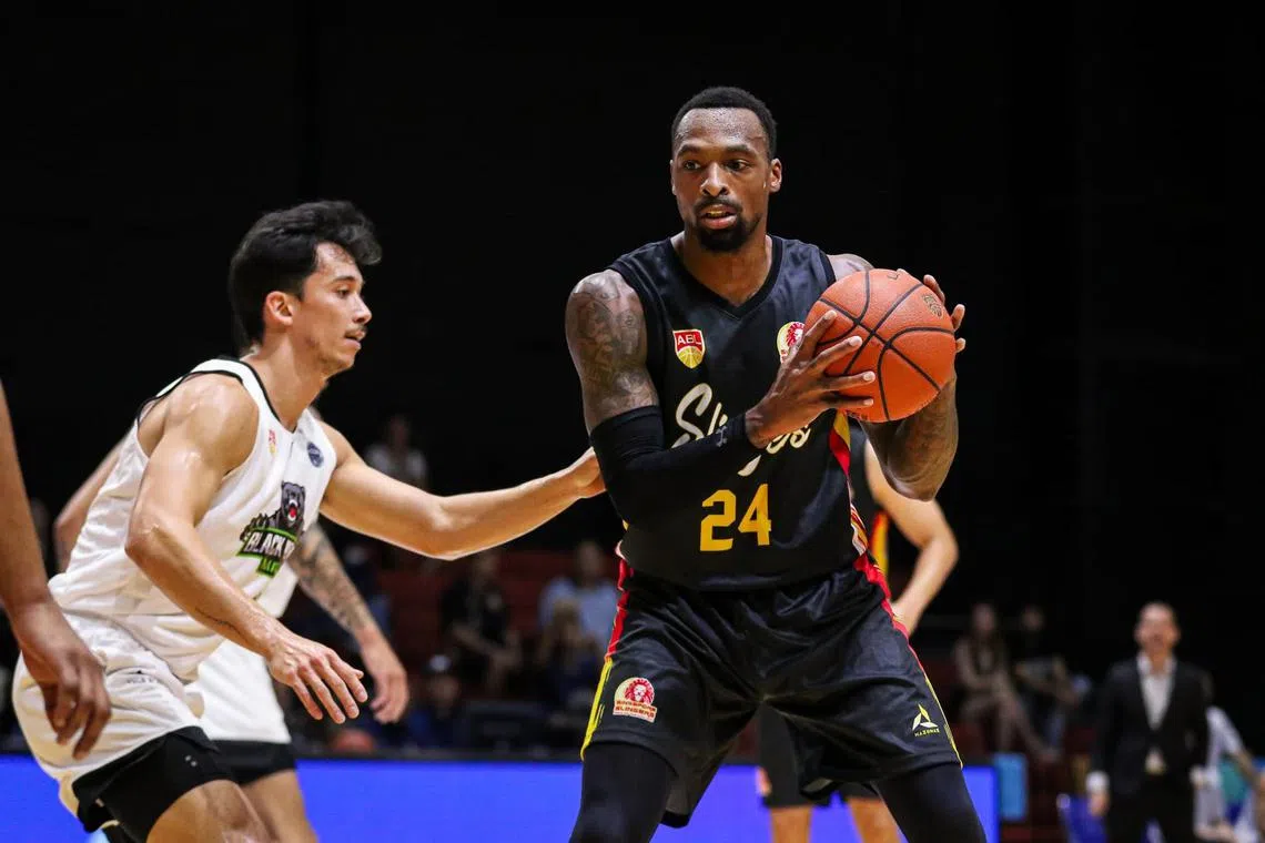 Singapore Slingers' Kentrell Barkley squaring up against Macau Black Bear's Jenning Leung at the Asean Basketball League Invitational at the Hi-Test Arena in Batam, Indonesia on Sunday.




PHOTO: Singapore Slingers