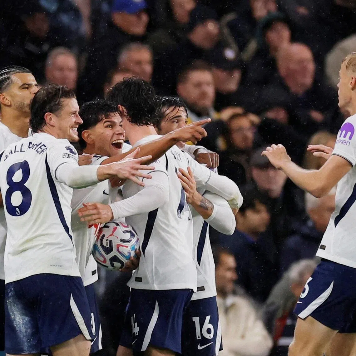 Tottenham Hotspur players celebrating their first goal on Oct 24, an own goal by Chelsea’s Mike Penders.