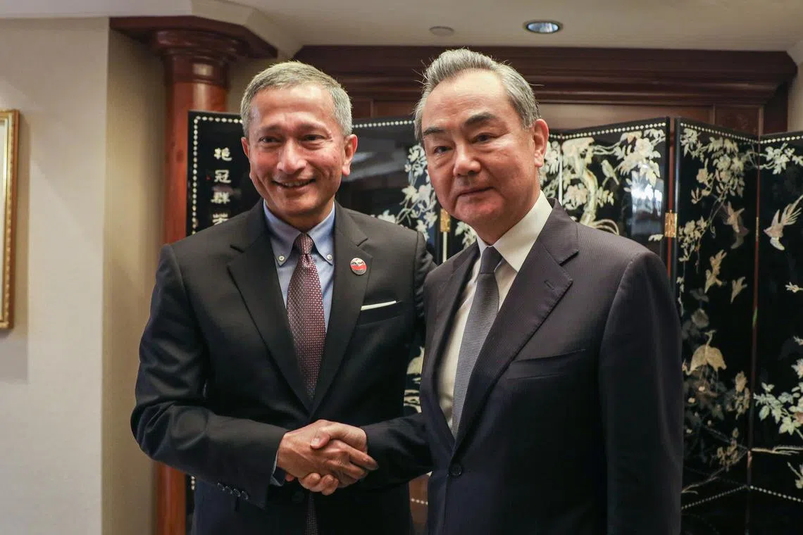 Singapore’s Foreign Minister Vivian Balakrishnan (left) and China’s top diplomat Wang Yi affirmed the strong relationship between the two nations.