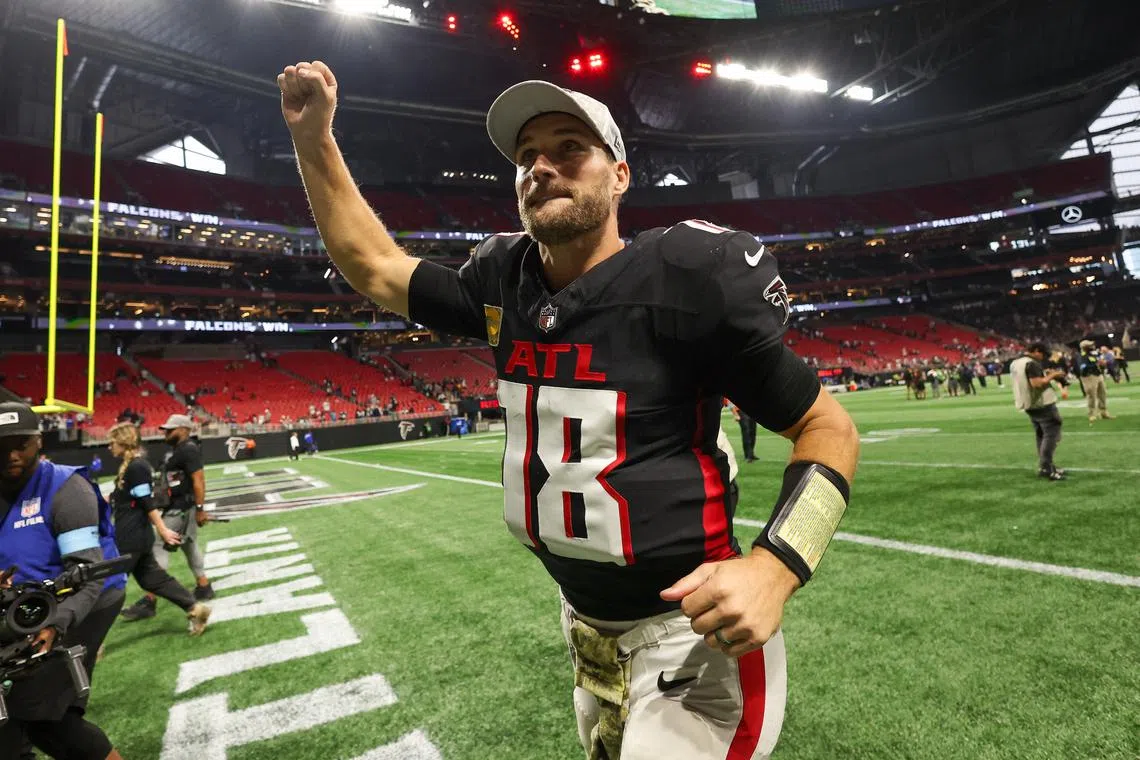 FILE PHOTO: Nov 3, 2024; Atlanta, Georgia, USA; Atlanta Falcons quarterback Kirk Cousins (18) celebrates after a victory over the Dallas Cowboys at Mercedes-Benz Stadium. Mandatory Credit: Brett Davis-Imagn Images/File Photo