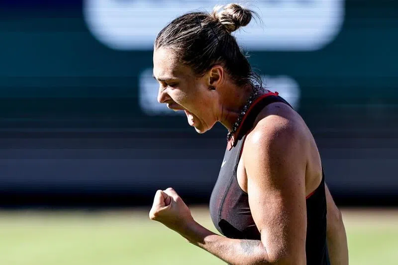 Belarus' Aryna Sabalenka reacts during the women's singles quarter-final match against Czech Nikola Bartunkova at the WTA 500 Berlin Open tennis tournament at Steffi Graf Stadium.