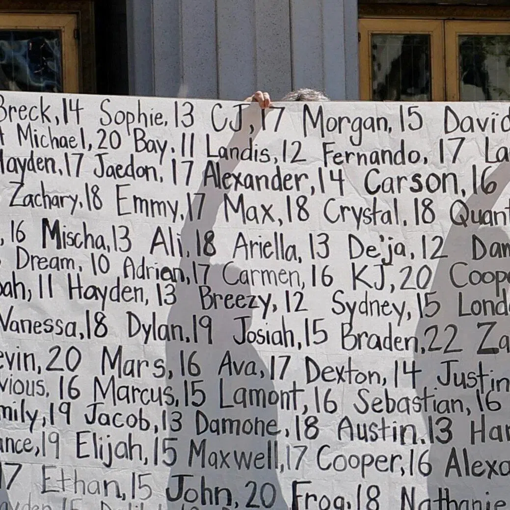 Parents who say they have lost their children due to social media hold up a banner with the names of the children outside the LA court.