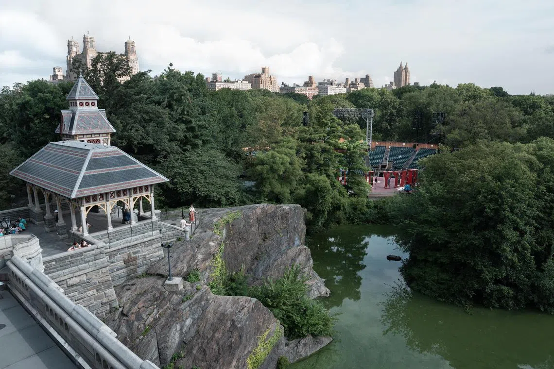 A view of the newly renovated Delacorte Theater, right, in New YorkÕs Central Park in July 2025. For 63 years it has been the home of Free Shakespeare in the Park, one of the great treasures of New YorkÕs cultural life. (Sara Krulwich/The New York Times)