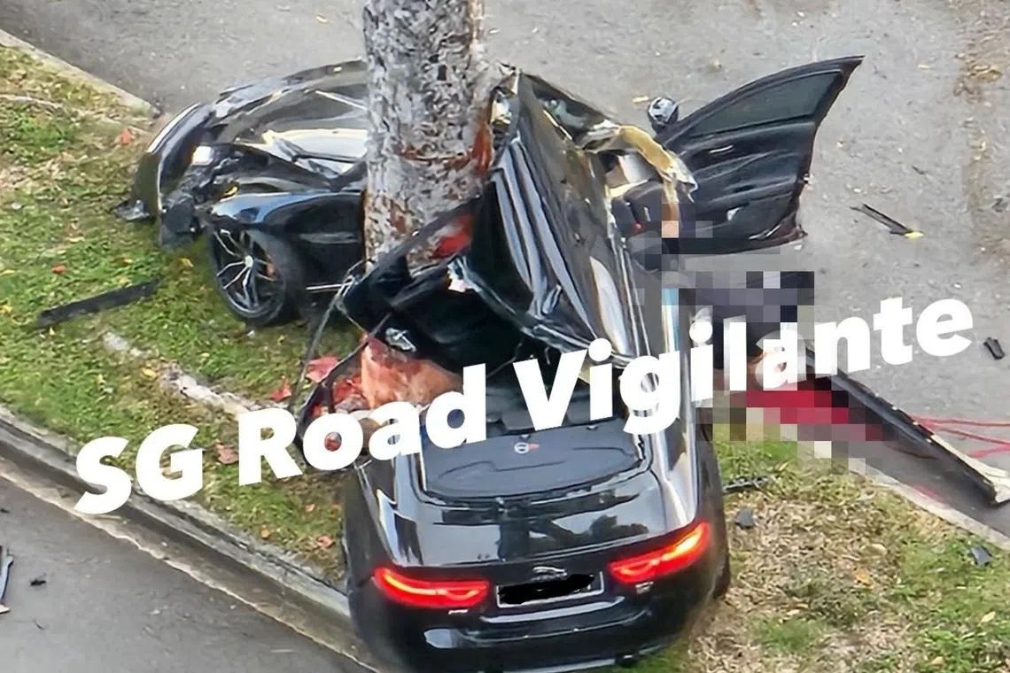 The black sedan seen wrapped around a tree in Clementi.