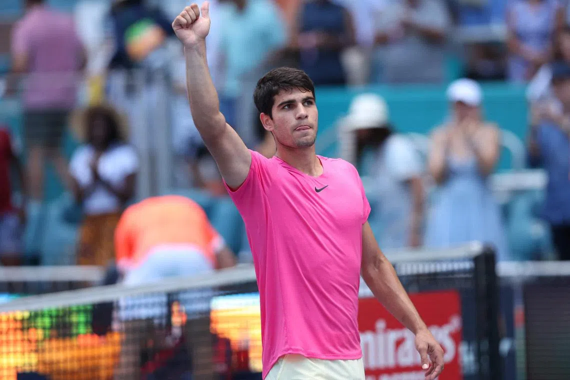 Spain's Carlos Alcaraz celebrates  after his straight sets victory over Tommy Paul, of the United States.
