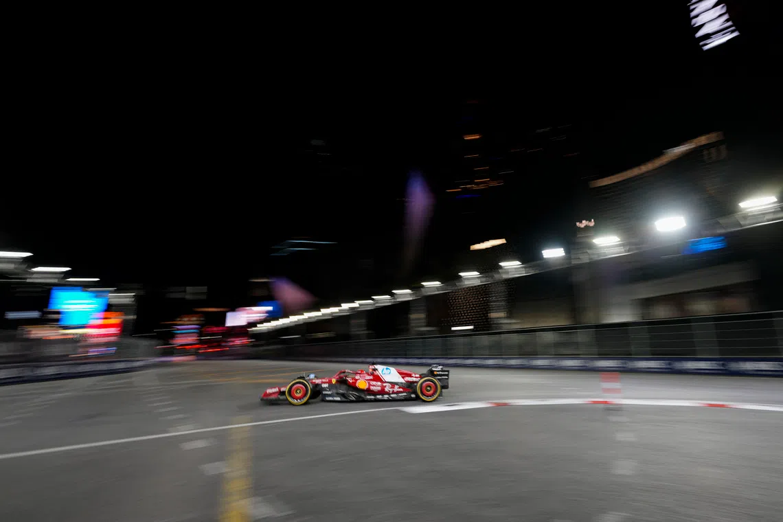 Nov 22, 2025; Las Vegas, NV, USA; Ferrari driver Charles Leclerc (16) drives during Las Vegas Grand Prix at the Las Vegas Strip Circuit. Mandatory Credit: Lucas Peltier-Imagn Images