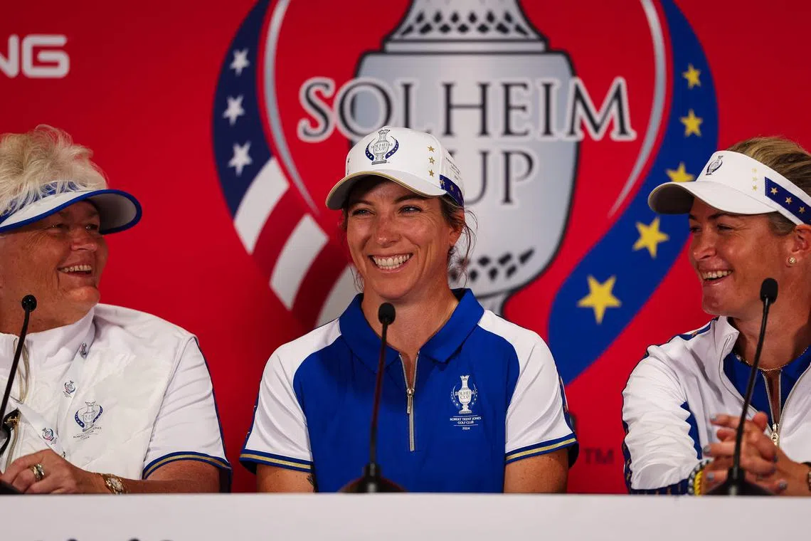 Captain Suzann Pettersen of Team Europe speaking during a press conference ahead of the 2024 Solheim Cup.