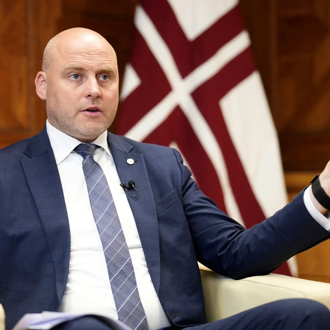 FILE PHOTO: Latvian Prime Minister Andris Kulbergs gestures as he speaks to the media in Riga, Latvia, July 16, 2026. REUTERS/Ints Kalnins/File Photo