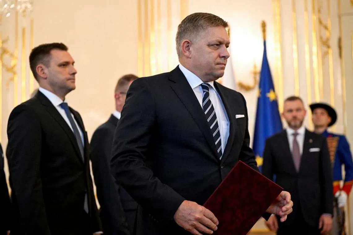 FILE PHOTO: Slovakia's newly appointed Prime Minister Robert Fico attends the new cabinet's inauguration, at the Presidential Palace in Bratislava, Slovakia, October 25, 2023. REUTERS/Radovan Stoklasa/File Photo