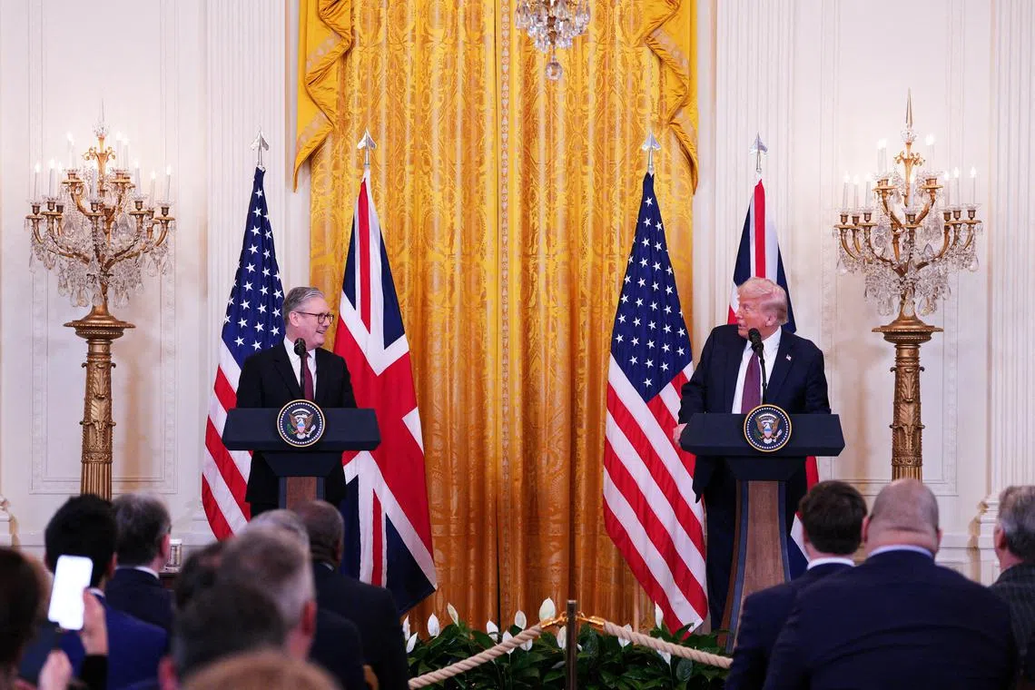 British Prime Minister Keir Starmer and U.S. President Donald Trump speak during a joint press conference in the East Room at the White House, February 27, 2025 in Washington, D.C., U.S. Carl Court/Pool via REUTERS