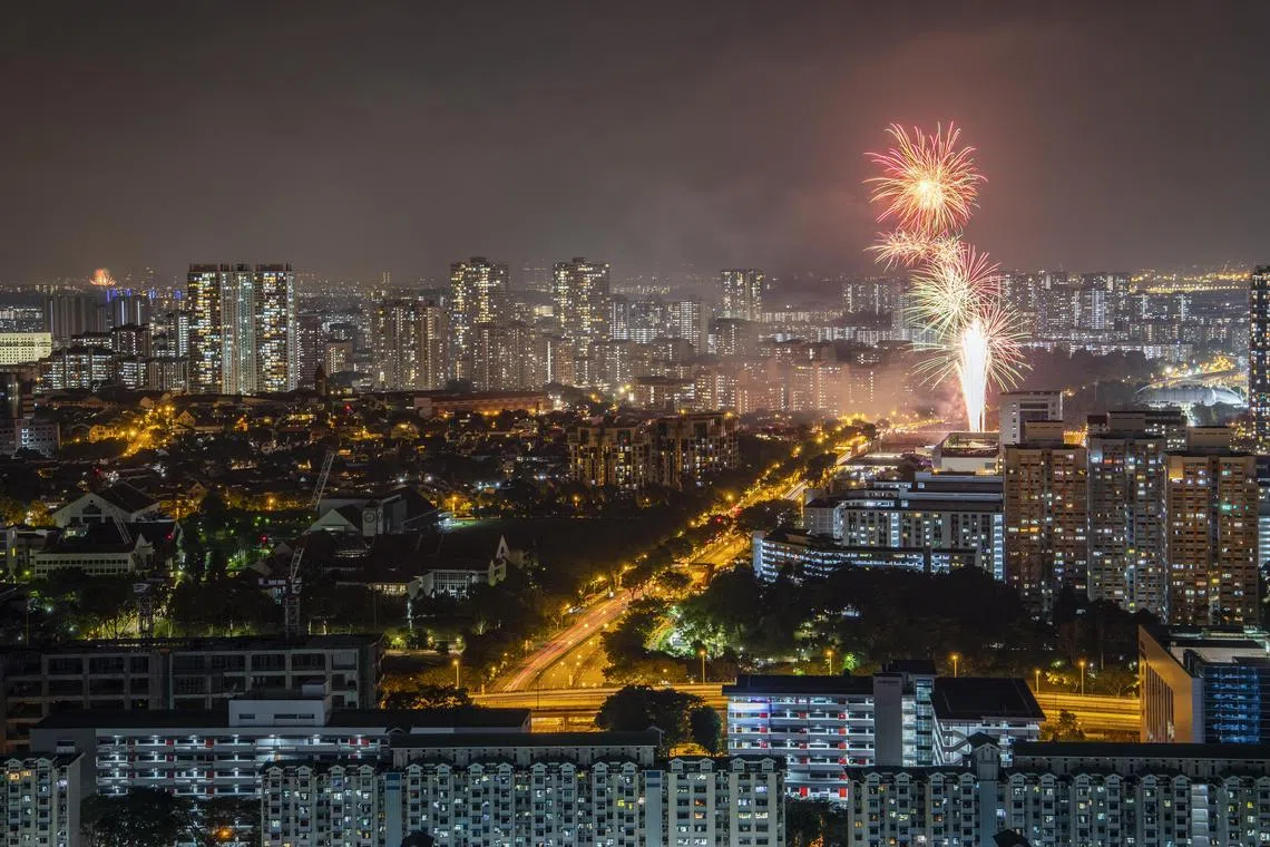 Fireworks display in the heartlands near Bishan Road as viewed from the Trevista Condominium at Toa Payoh Lorong 3 on August 9, 2020.