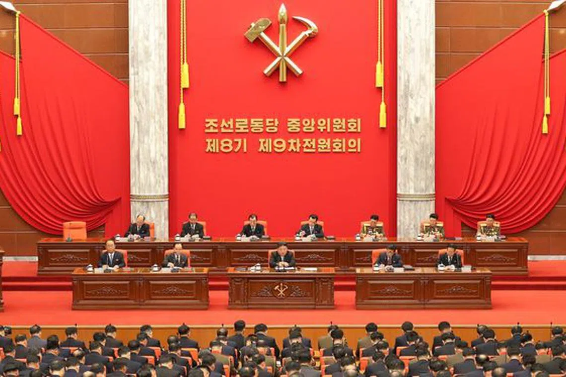 North Korean leader Kim Jong Un attends the December 2023 plenary meeting of the Central Committee of the Workers' Party of Korea, at the party's headquarters building, in Pyongyang, North Korea in this picture released by the Korean Central News Agency on December 27, 2023.   KCNA via REUTERS