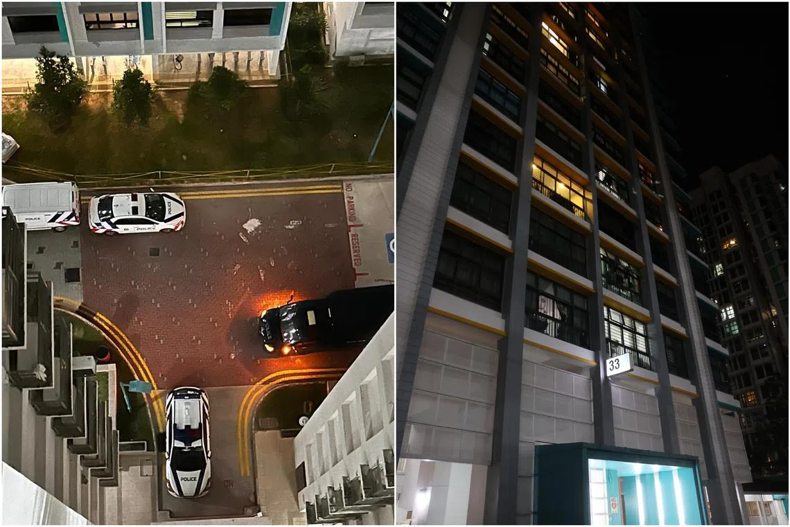 Police vehicles seen at Block 33 Eunos Crescent on Monday. The police found the body of a 63-year-old man in a third-floor unit of the Housing Board flat.
