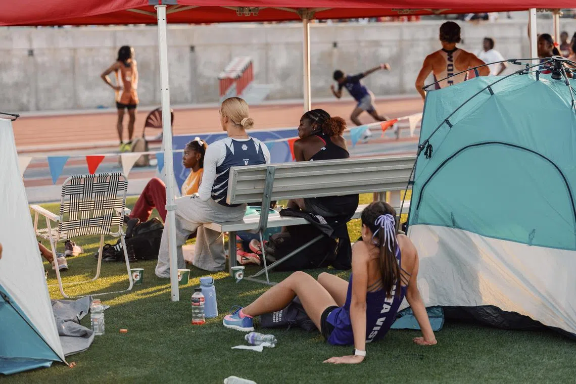 Participants at a state high school track and field meet in Clovis, California, in May 2025.
