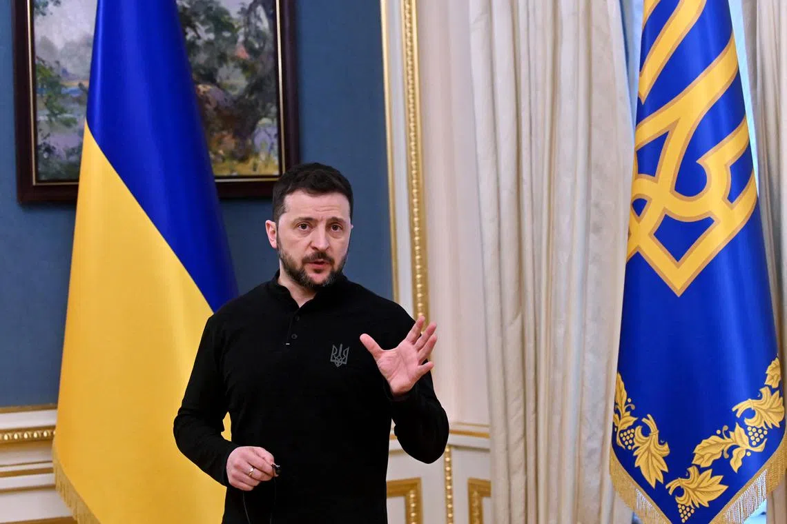 Ukrainian President Volodymyr Zelensky speaking during a press conference in Kyiv on March 15.