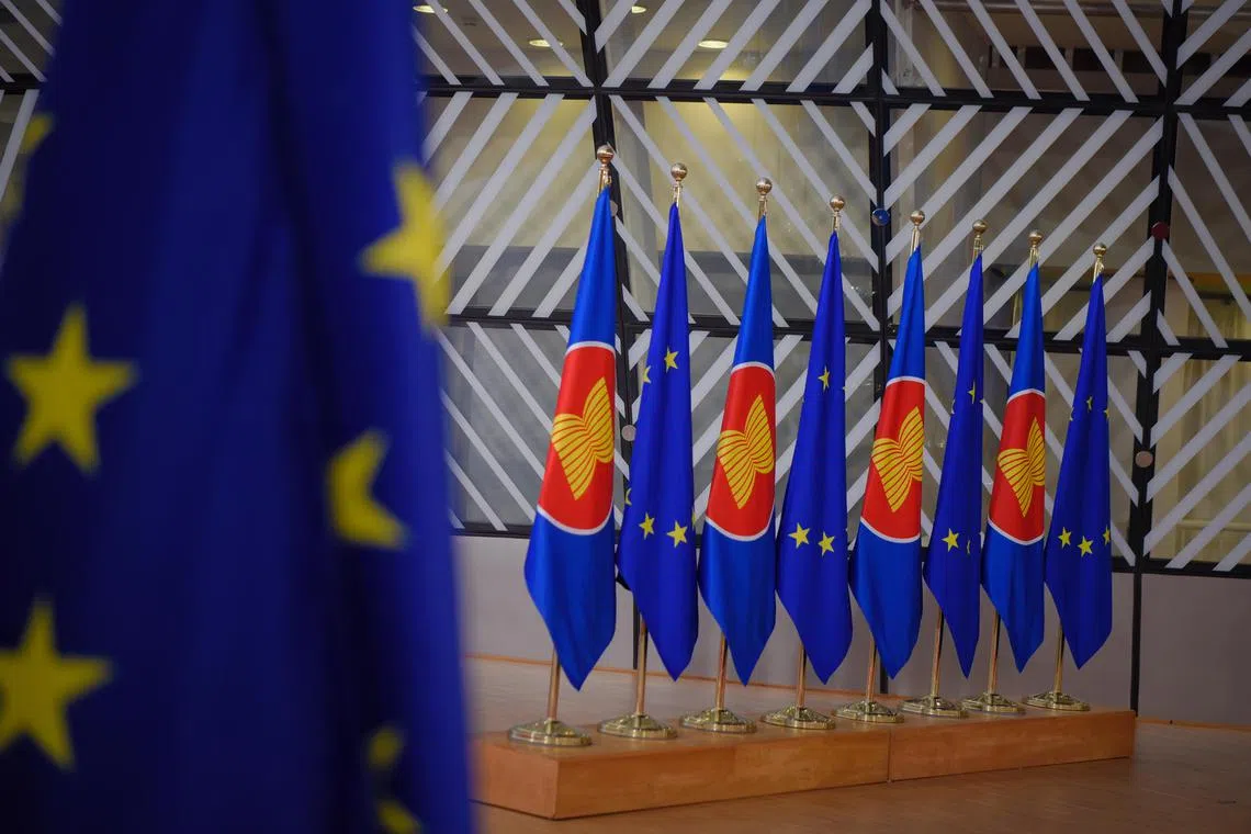 Asean flags are seen alongside a flag of Europe at the Asean-EU summit in Brussels on Dec 14, 2022.