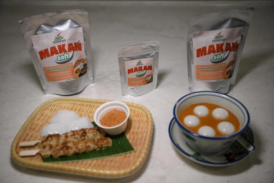 Satay, ketupat and satay sauce (left), and Curry fishballs (right) using Makan Soft powder (background) to make. Makan Soft powder is an ingredient to be added into the food to adjust the texture during the preparation process to created molded foods suitable for chewing and swallowing problem.