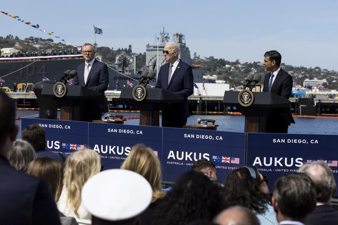 (From left) Australian PM Anthony Albanese, US President Joe Biden and British PM Rishi Sunak at a press conference in San Diego, California, on Tuesday.