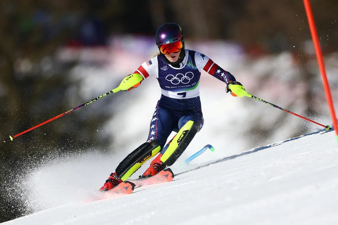 Milano Cortina 2026 Olympics - Alpine Skiing - Women's Slalom Run 1 - Tofane Alpine Skiing Centre, Belluno, Italy - February 18, 2026. Mikaela Shiffrin of United States in action during her first run in the women's slalom REUTERS/Lisi Niesner