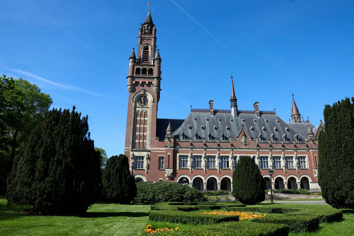 FILE PHOTO: A view shows the Peace Palace, which houses the International Court of Justice (ICJ), in The Hague, Netherlands, April 28, 2025. REUTERS/Piroschka van de Wouw/File Photo