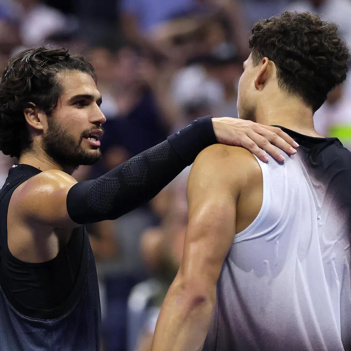 Spain’s Carlos Alcaraz (left) congratulating Ben Shelton after the American beat him in their US Open quarter-final at USTA Billie Jean King National Tennis Center on Sept 8.