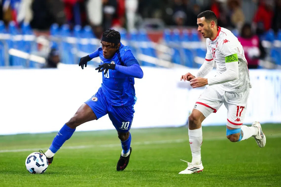Haiti’s Jean-Ricner Bellegarde in action with Tunisia’s Ellyes Skhiri in a friendly held in March.