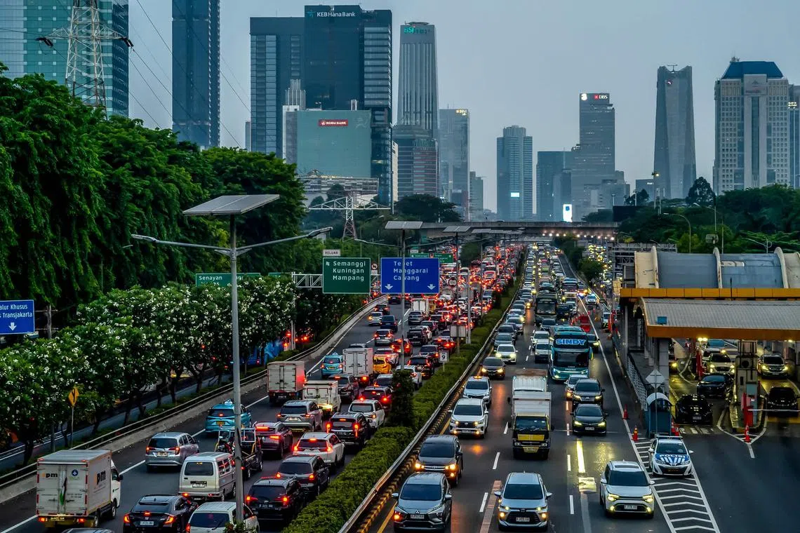 Vehicles stuck in traffic during the evening rush hour in Jakarta's business centre on Nov 13, 2024. The writer would often take 45 minutes to travel the 3km from his apartment to his office in central Jakarta due to the traffic jams. 