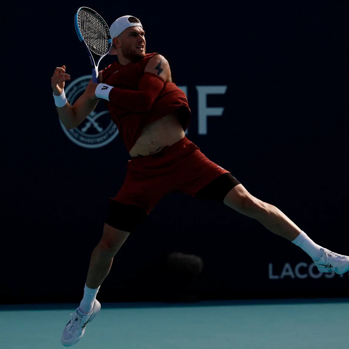 Mar 20, 2026; Miami Gardens, FL, USA; Jack Draper (GBR) hits a forehand against Reilly Opelka (USA) (not pictured) on day four of the 2026 Miami Open at Hard Rock Stadium. Mandatory Credit: Geoff Burke-Imagn Images