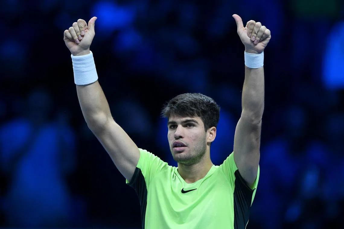 Spain's Carlos Alcaraz celebrates his victory over Russia's Daniil Medvedev.