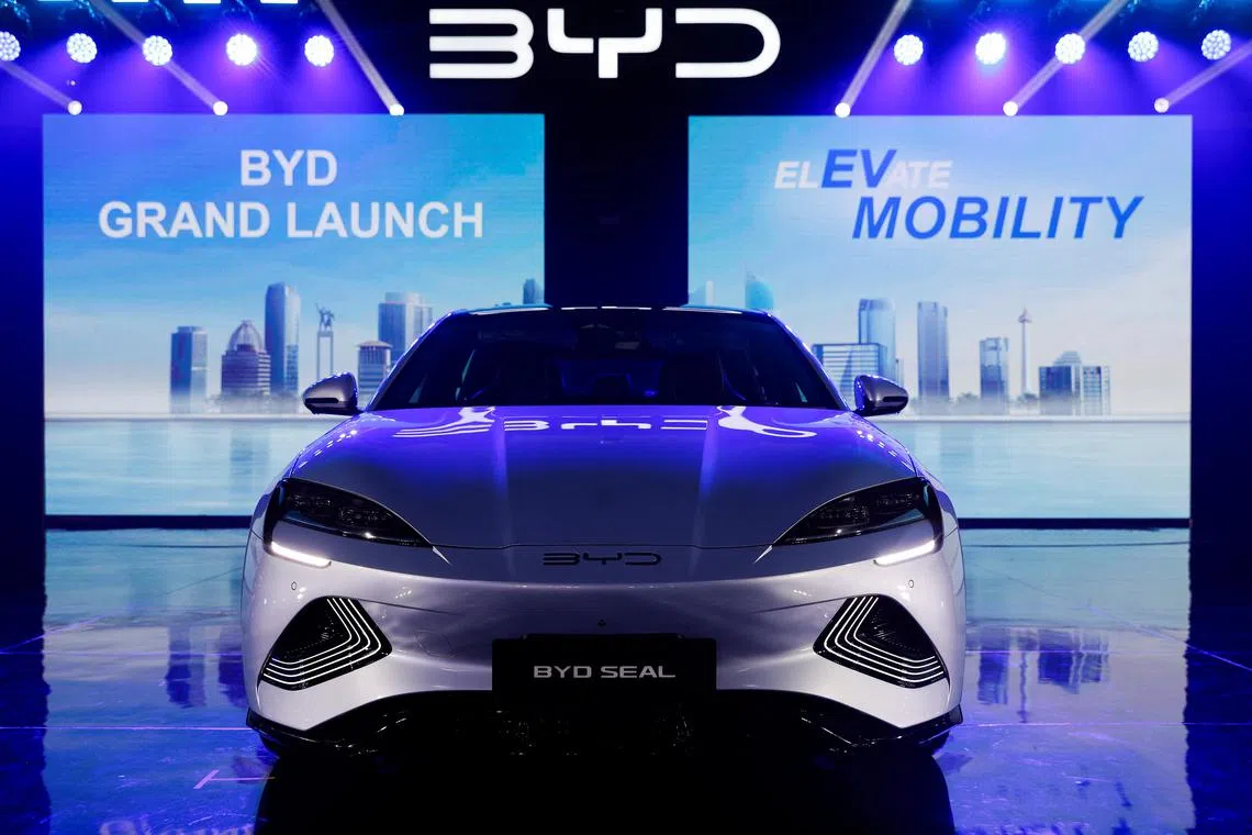 China's BYD Seal electric sedan is displayed during its launch ceremony in Jakarta, Indonesia, Jan 18, 2024. 