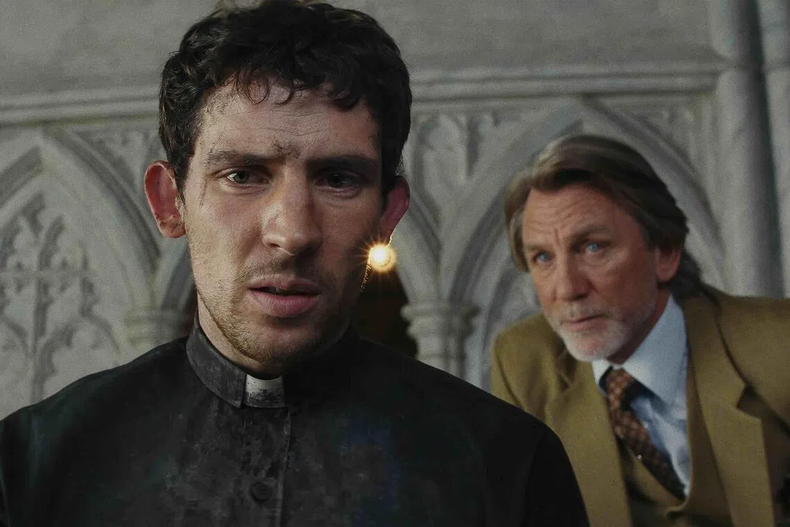 From left: Josh O’Connor and Daniel Craig in Wake Up Dead Man: A
Knives Out Mystery.