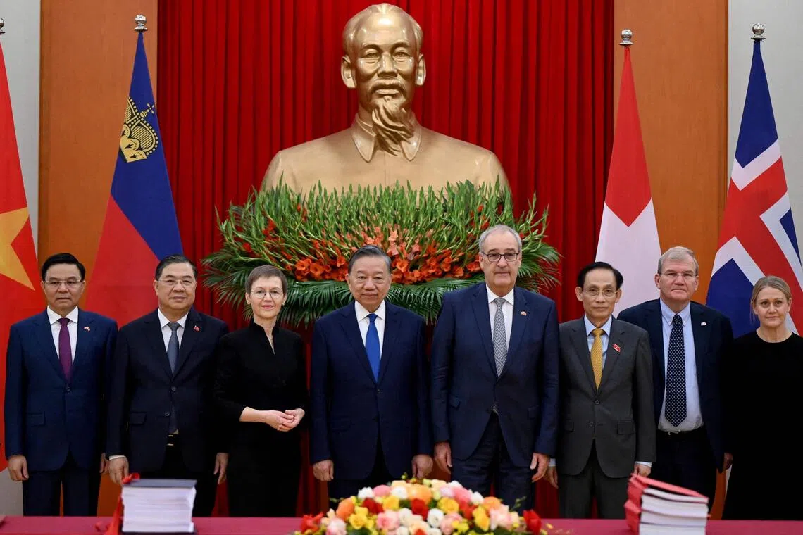 The deal was signed in the capital in the presence of Vietnam’s top leader To Lam (centre) and representatives of EFTA governments.