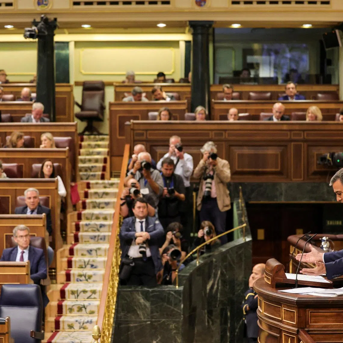 Spanish Prime Minister Pedro Sanchez speaks during a plenary session of the lower house of the Spanish parliament, in Madrid, Spain, May 22, 2024. REUTERS/Violeta Santos Moura