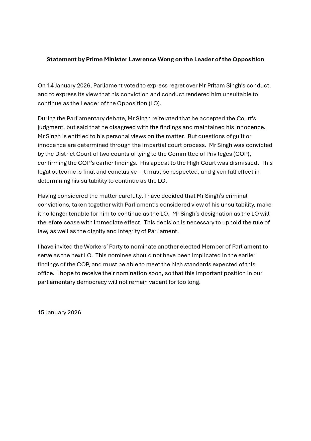 PM Lawrence Wong’s statement on the Leader of the Opposition on Jan 15.