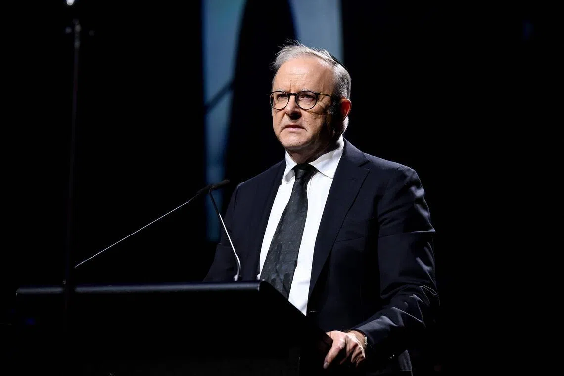 Australia's Prime Minister Anthony Albanese speaking during a memorial service for victims of the Bondi Beach shooting at the Sydney Opera House in Sydney on Jan 22, 2026.
