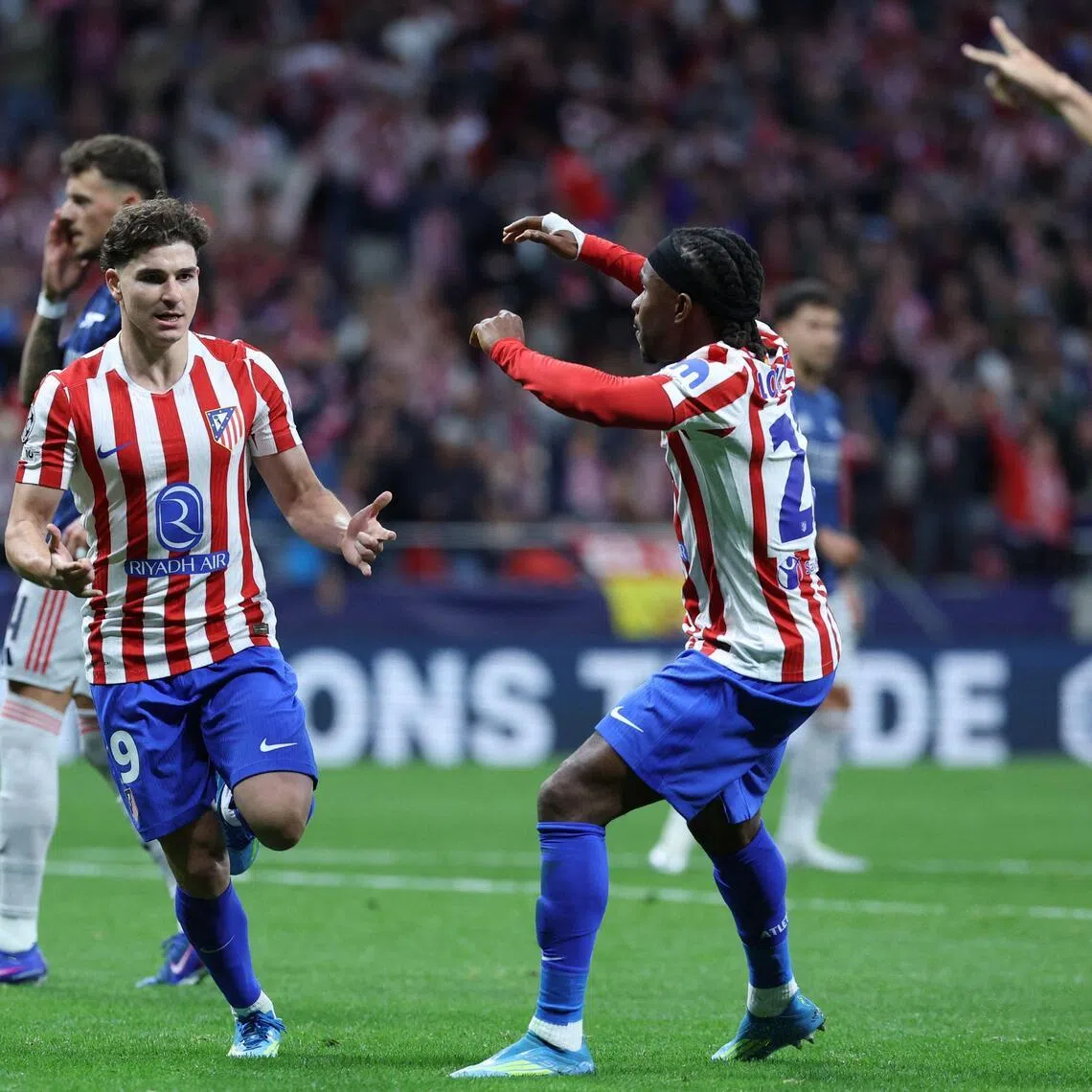 Atletico Madrid's Argentinian forward Julian Alvarez celebrates scoring the equaliser in the 1-1 Champions League semi-final, first-leg draw against Arsenal at the Metropolitano stadium in Madrid on April 29, 2026.