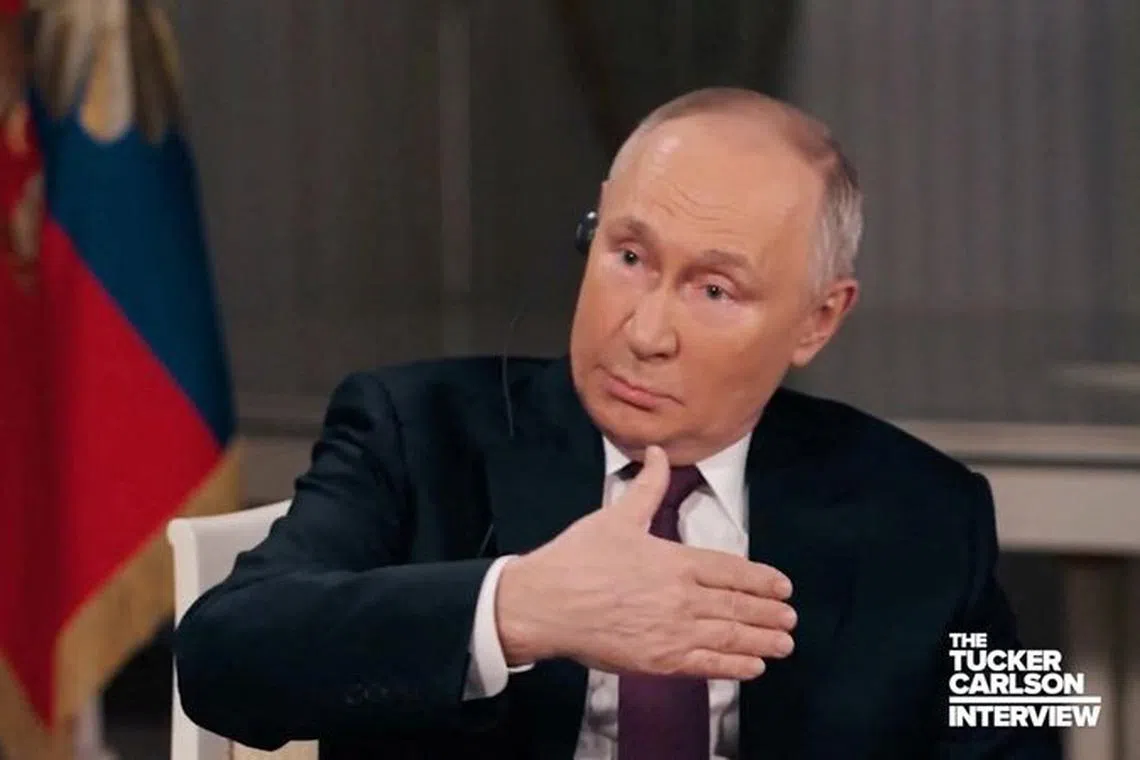 Russian President Vladimir Putin during an interview with US television host Tucker Carlson in Moscow, Russia, on Feb 6.