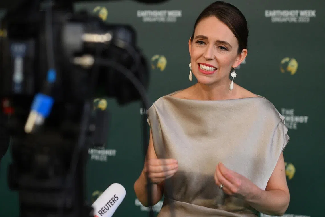 Former New Zealand Prime Minister Jacinda Ardern speaking to the media on the green carpet ahead of the Earthshot Prize Awards ceremony at Mediacorp Campus on Nov 7, 2023.
