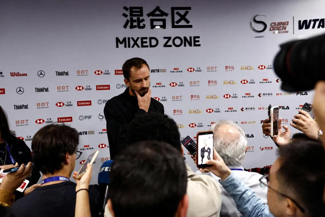 A downcast Russian Daniil Medvedev speaking to the media after being disqualified from his China Open semi-final against Serbia’s Novak Djokovic on Oct 5.