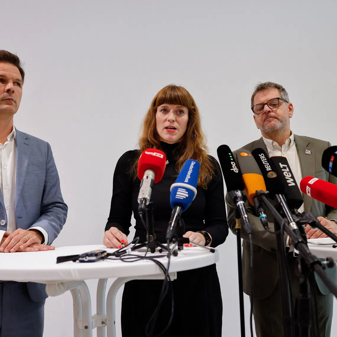 Kerstin Wolter-Ehling, state chair of the Left party speaks to the media, on the day of exploratory talks between the Left Party, the Social Democratic party (SPD) and the Greens on a possible coalition government for Berlin's House of Representatives, in Berlin, Germany, October 8, 2026. REUTERS/Axel Schmidt