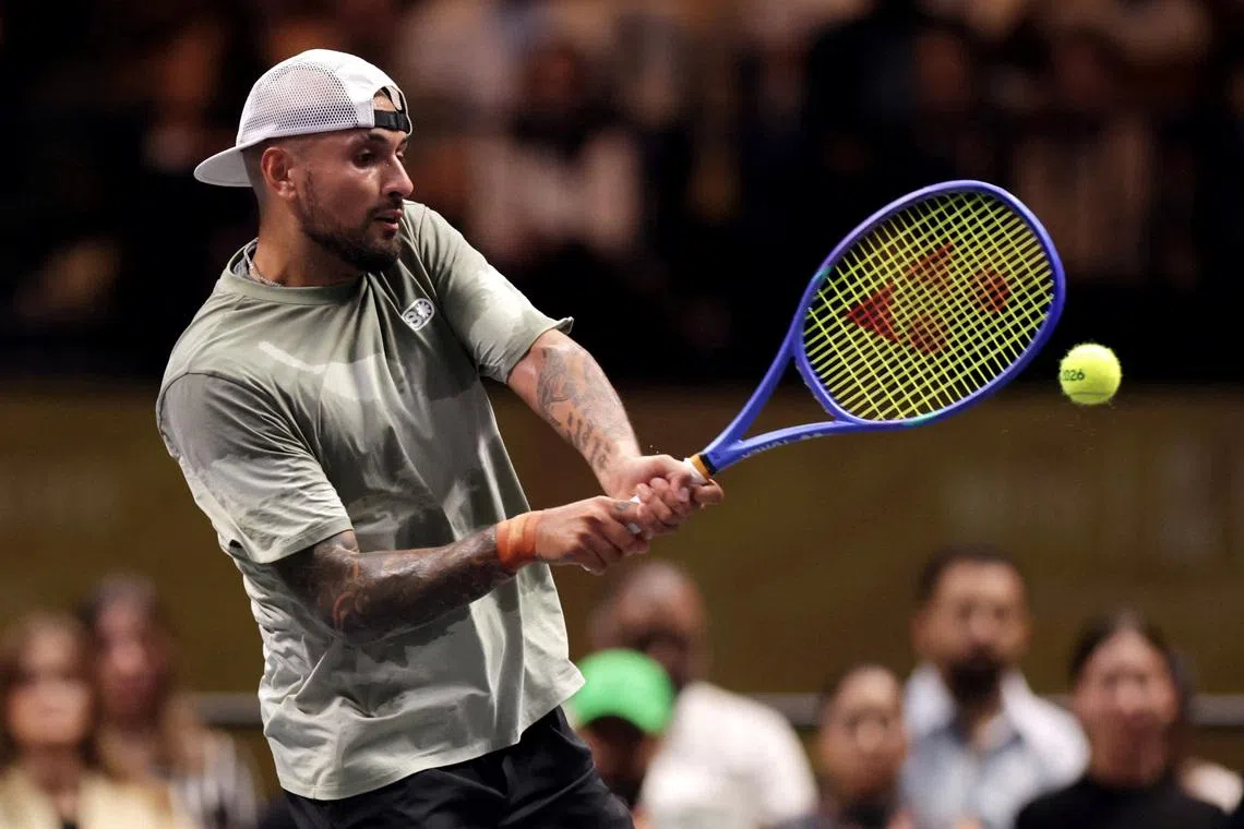 Tennis - 'Battle of the Sexes' - Nick Kyrgios v Aryna Sabalenka - Coca-Cola Arena, Dubai, United Arab Emirates - December 28, 2025 Australia's Nick Kyrgios in action during his match against Belarus' Aryna Sabalenka   Christopher Pike/Pool via REUTERS